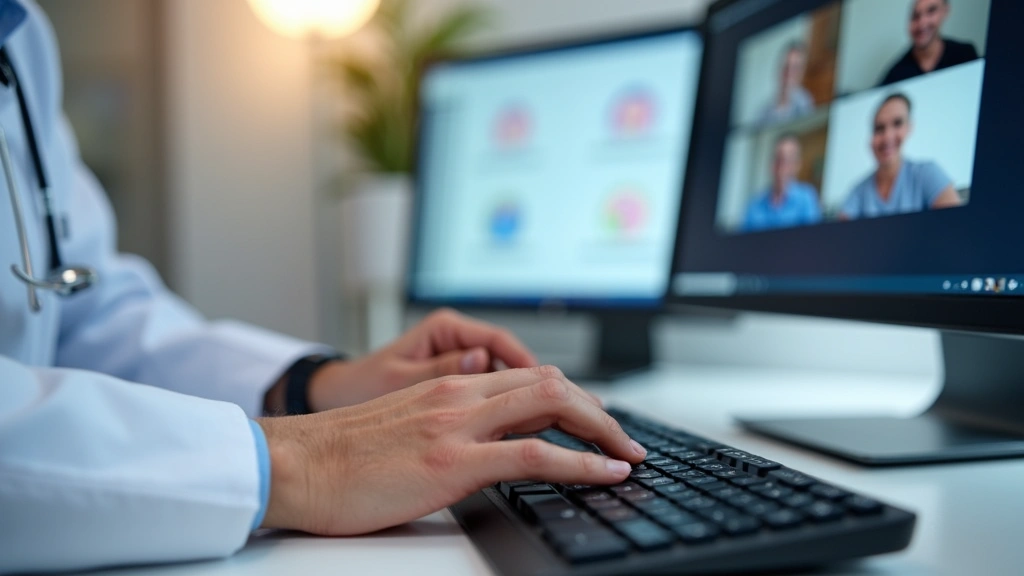 Close-up of healthcare providers hands on keyboard during Zoom call, medical records visible on secondary monitor, HIPAA-comp
