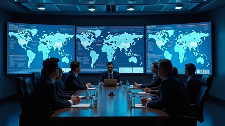 Professional corporate boardroom with executives reviewing cybersecurity risk documents and data breach reports on large screens, serious business atmosphere
