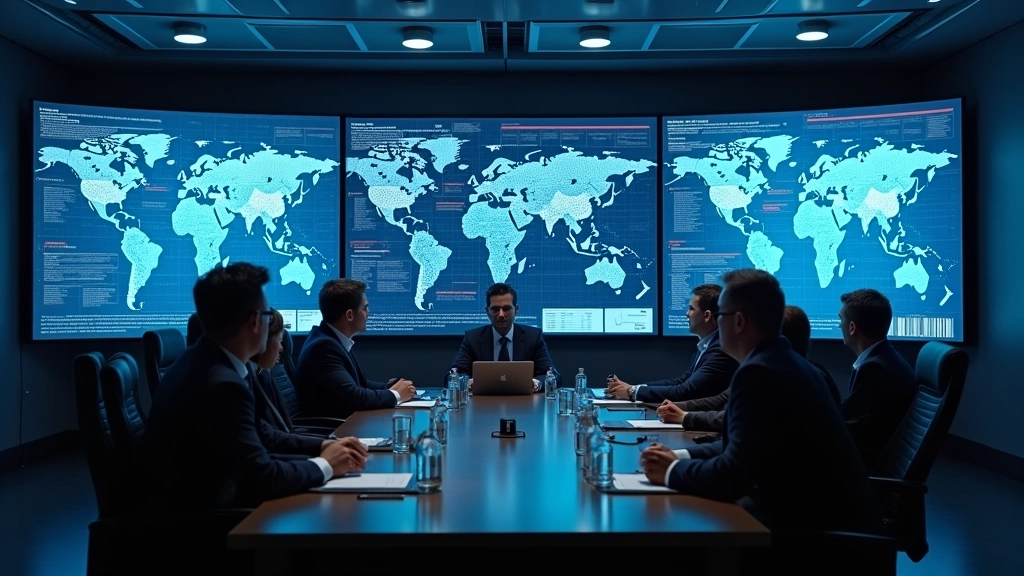 Professional corporate boardroom with executives reviewing cybersecurity risk documents and data breach reports on large screens, serious business atmosphere
