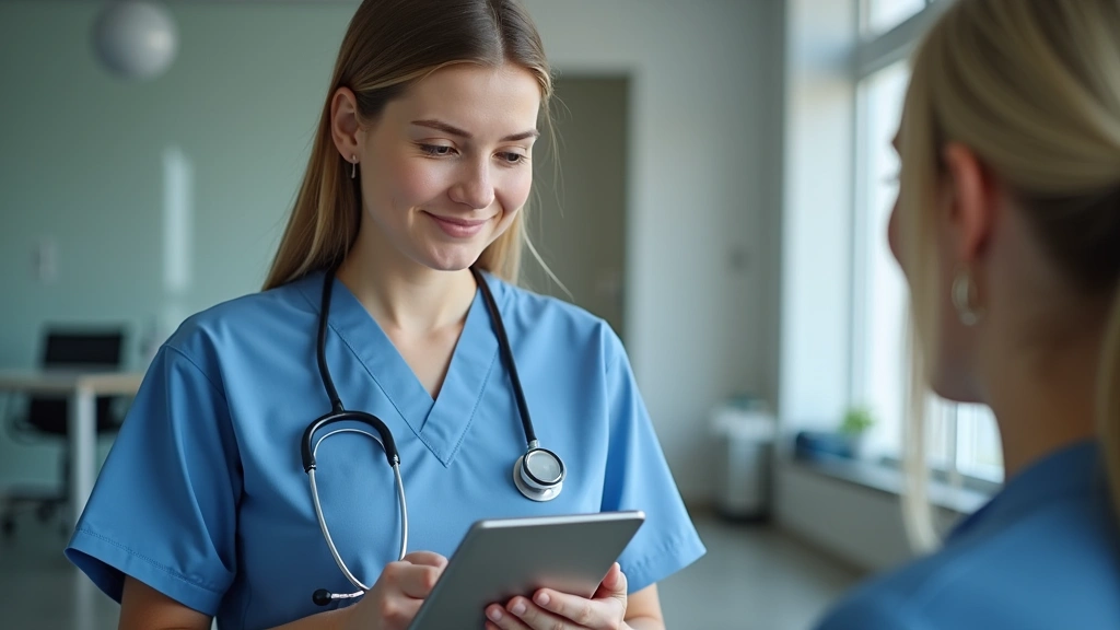 Professional woman in medical scrubs conducting a virtual consultation on tablet computer, modern healthcare office background, patient perspective view, natural lighting