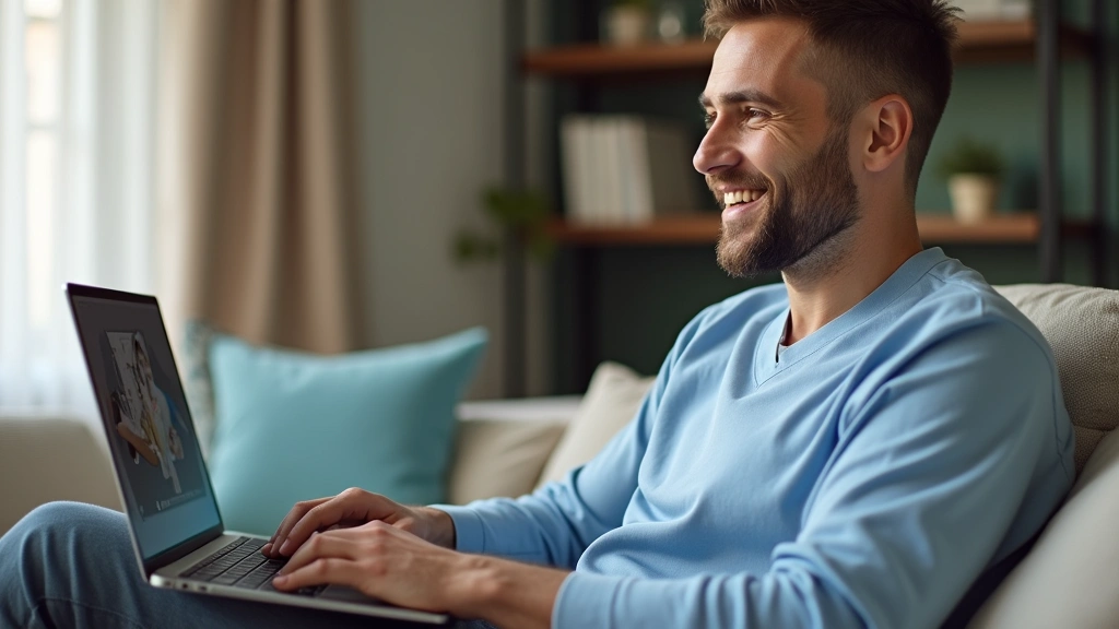 Diverse male patient smiling during a video call on laptop in home office setting, relaxed posture, healthcare technology int
