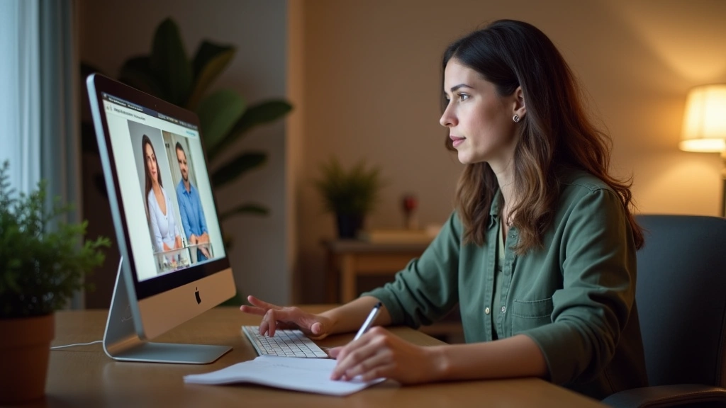Female therapist taking notes during telehealth mental health session on computer, professional home office environment, warm