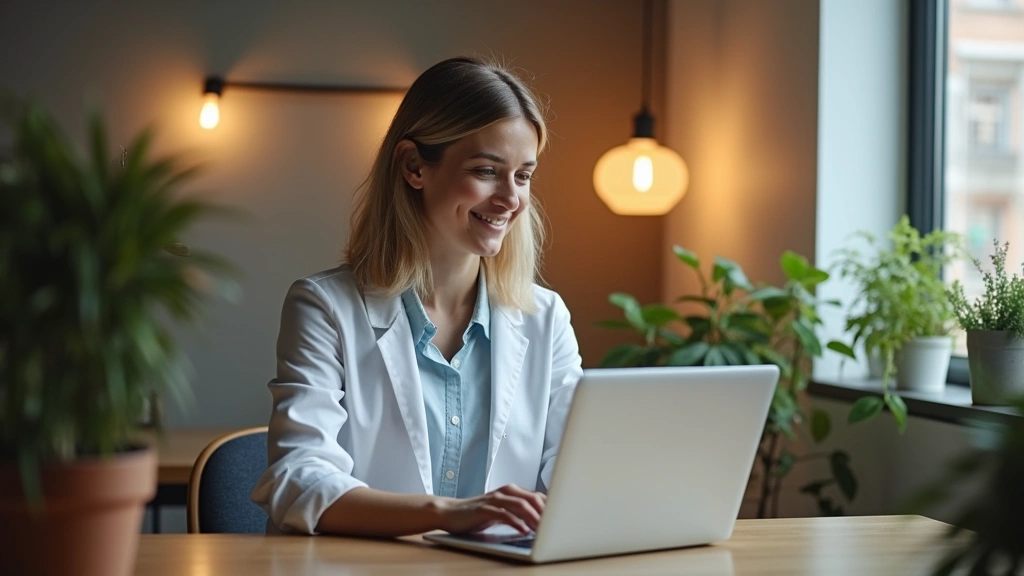 Professional woman therapist conducting virtual mental health consultation on laptop in modern clinical office with warm lighting and plants