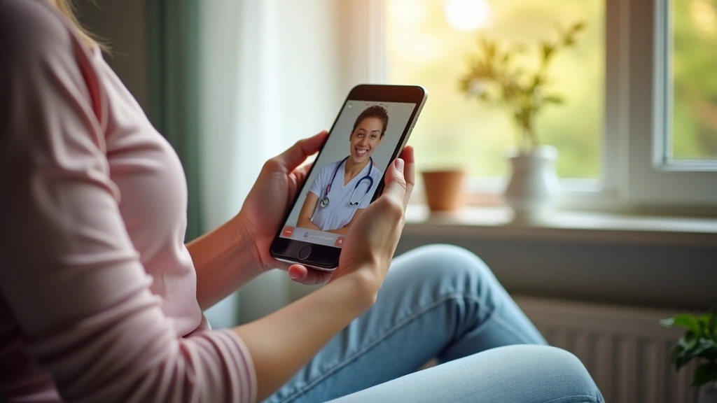 Patient using smartphone to schedule telehealth appointment, sitting comfortably at home with natural window light