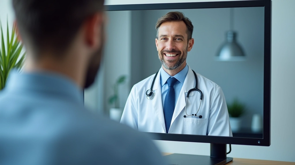 Male primary care physician on video call screen during virtual consultation, professional medical setting with healthcare te