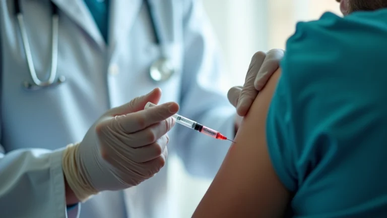 Healthcare professional administering vaccine injection to patient in clinical setting, close-up of arm with medical gloves visible, professional medical environment with soft lighting