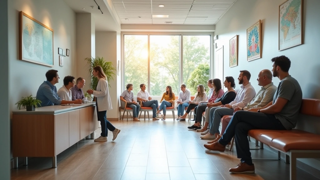 Community health clinic reception area with diverse patients waiting, modern clean healthcare facility interior, welcoming me