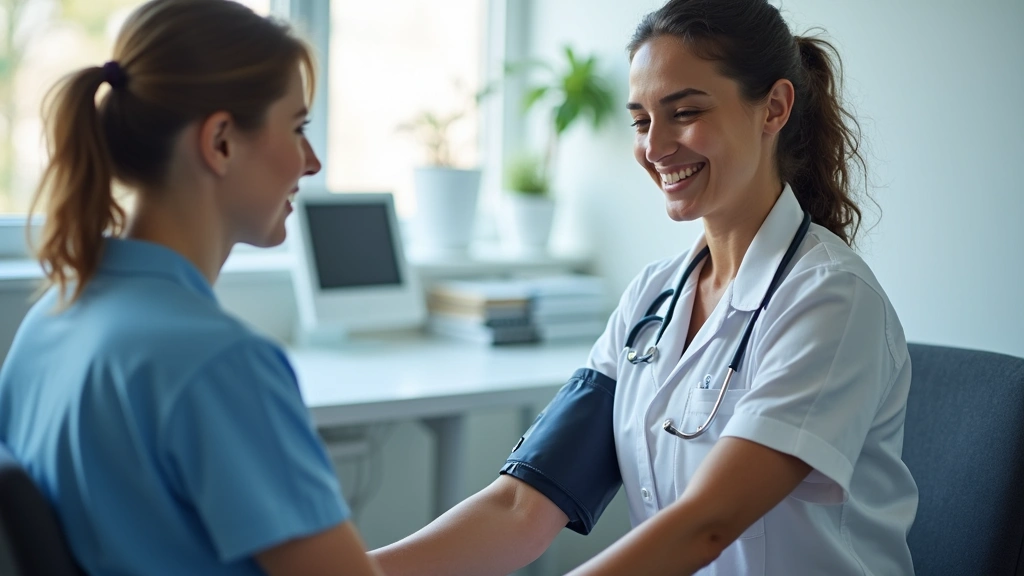 Public health nurse conducting health screening with blood pressure cuff on patient in examination room, professional medical