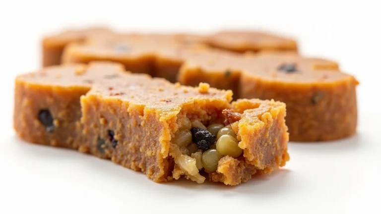 Close-up of golden-brown dog treat bars with visible meat chunks and vegetable pieces, professional pet product photography, natural lighting, white background