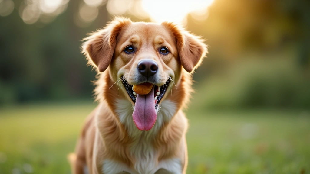 Happy healthy dog with shiny coat eating a treat, outdoor setting, natural daylight, professional pet photography