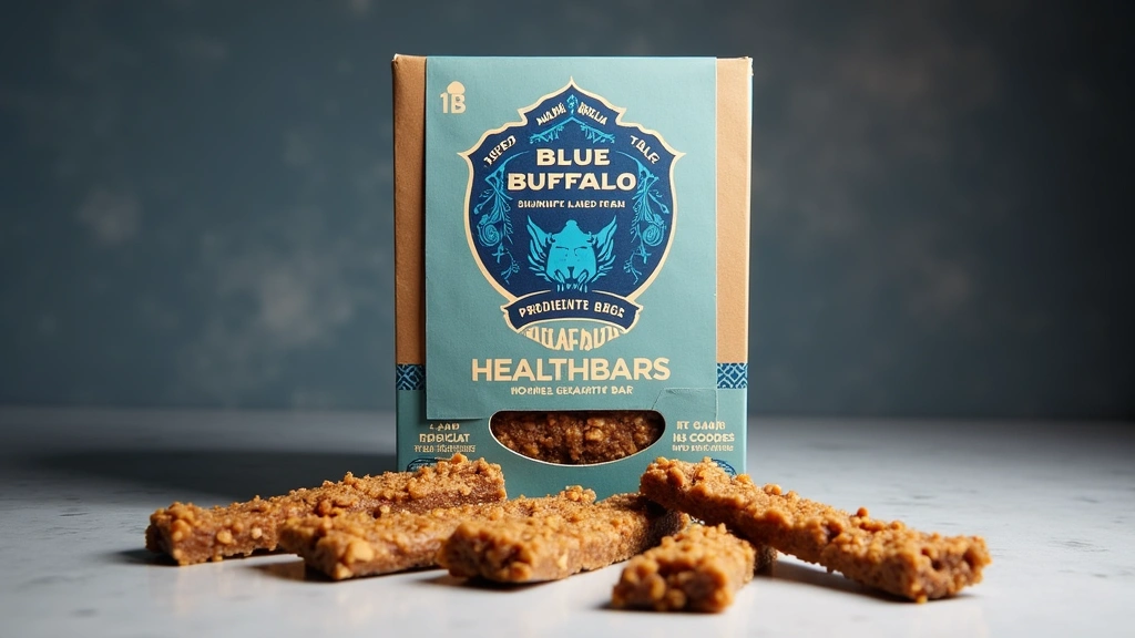 Blue Buffalo Health Bars product box displayed with individual treat bars arranged below, premium packaging design, professio