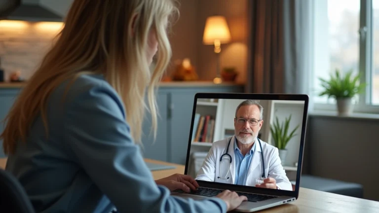 Professional woman consulting with doctor via video call on laptop in modern home office setting, warm lighting, healthcare technology focus