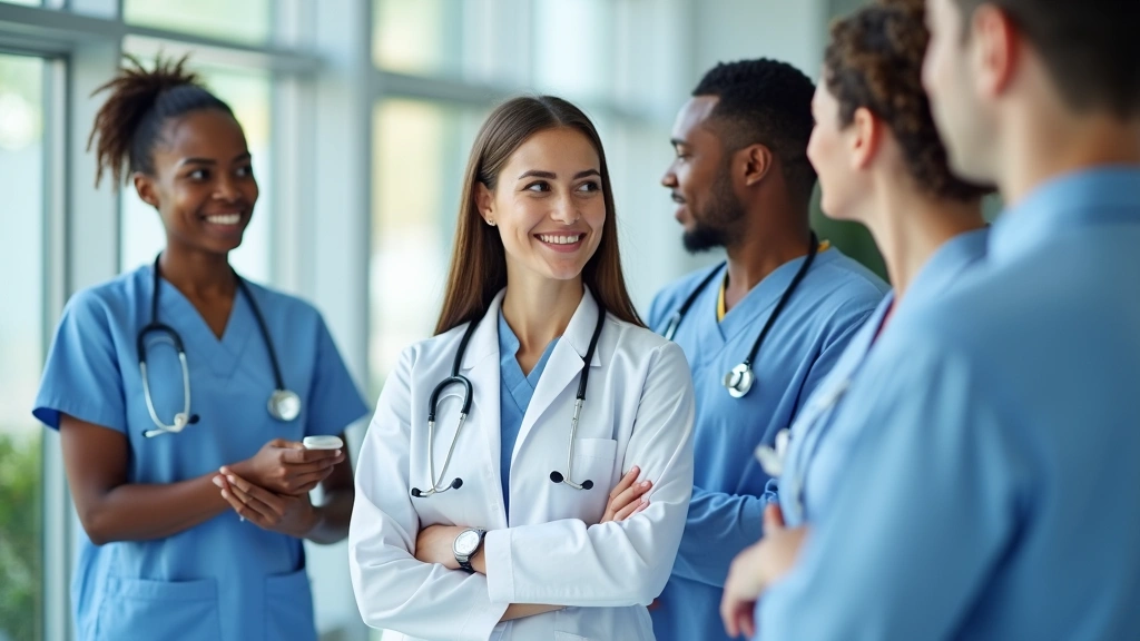 Diverse healthcare team of doctors and nurse practitioners in modern clinic setting, professional attire, collaborative medic