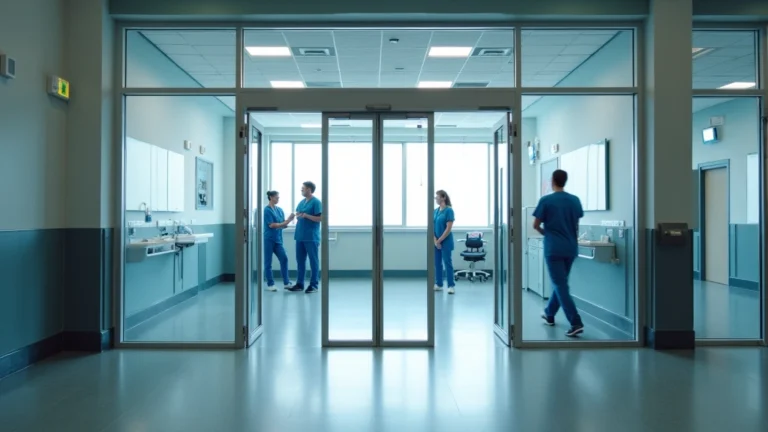 Modern hospital emergency department entrance with professional medical staff in scrubs, glass doors, welcoming reception area, bright clinical lighting, no signage or text visible