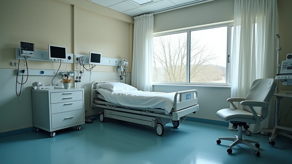 Rural hospital patient room with comfortable bed, medical monitors, natural window light, clean professional healthcare envir