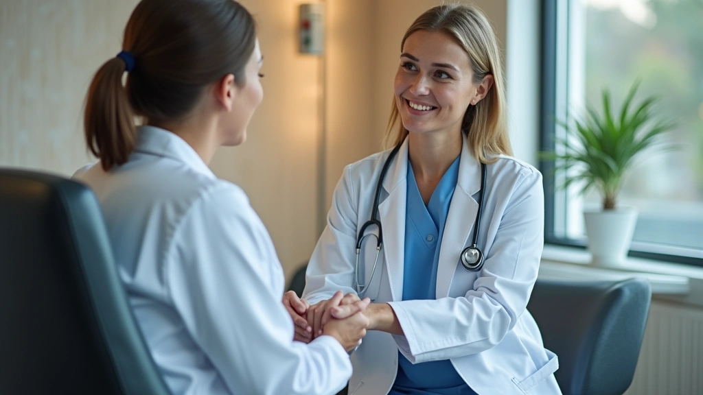 Healthcare provider in white coat consulting with patient in modern clinic examination room, professional medical setting, wa