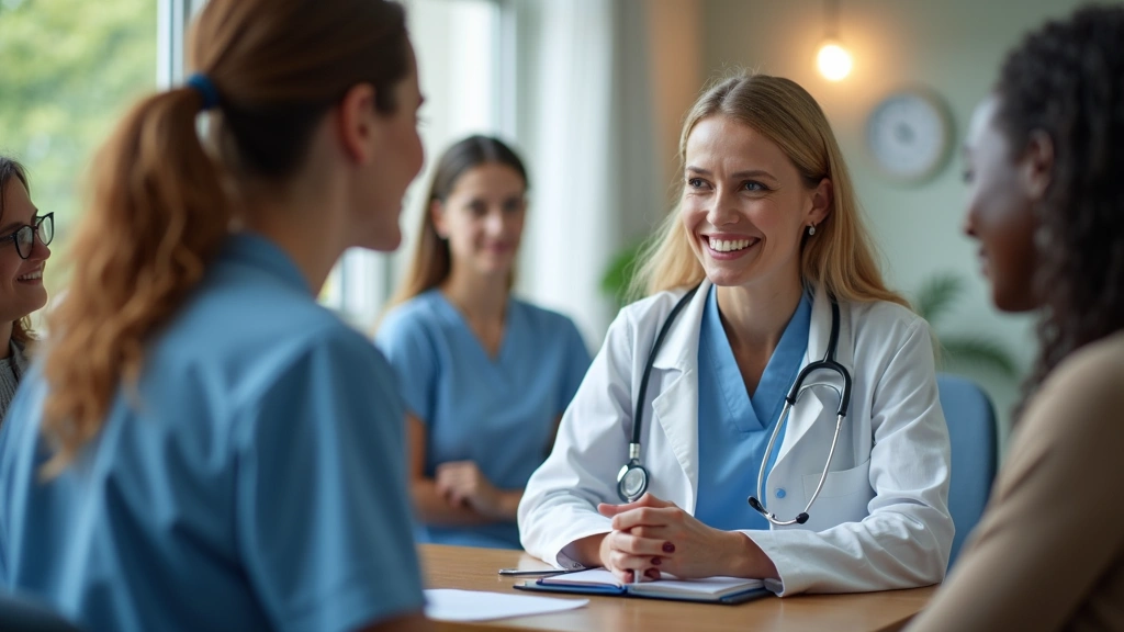Professional healthcare provider conducting patient consultation in modern community health clinic with diverse staff and patients, warm lighting, compassionate interaction