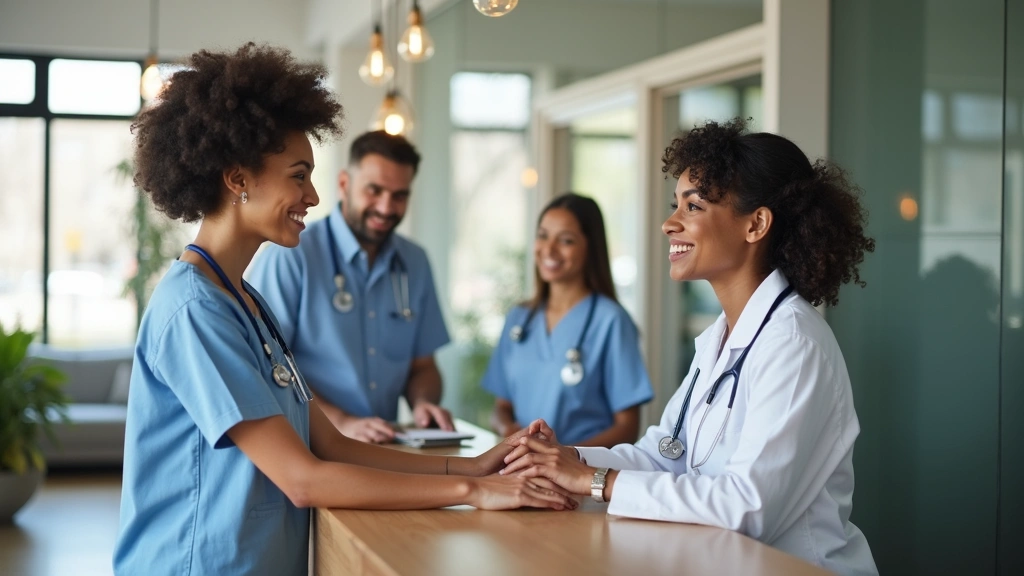 Medical receptionist assisting patient at front desk of neighborhood health center, welcoming clinic environment, diverse tea
