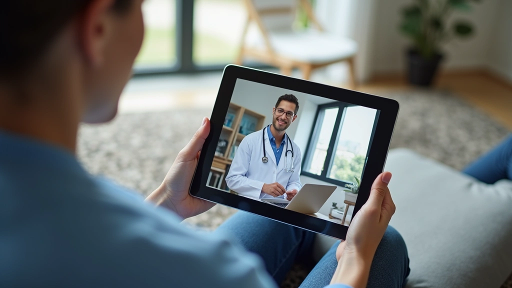 Healthcare provider conducting telehealth video consultation with patient on tablet device in home setting, modern medical of