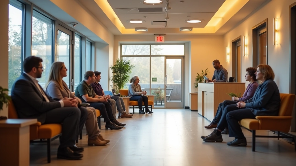 Diverse patients waiting in a modern community health clinic reception area with warm lighting and welcoming design