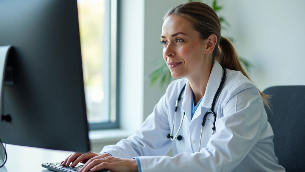 Female healthcare provider conducting a virtual telehealth consultation on a computer with professional medical office backgr