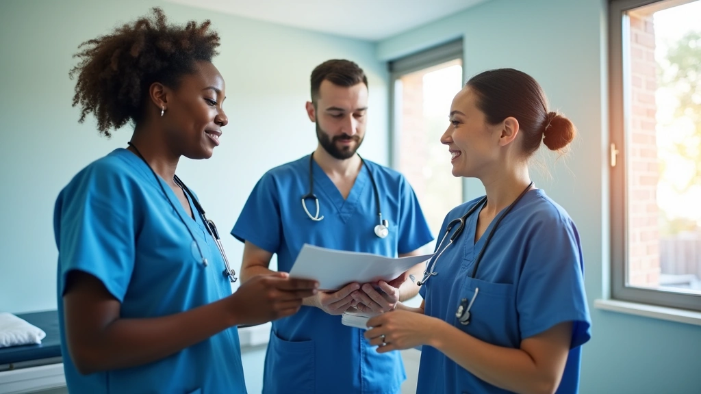 Multi-ethnic medical team in scrubs collaborating in a bright primary care clinic examination room setting