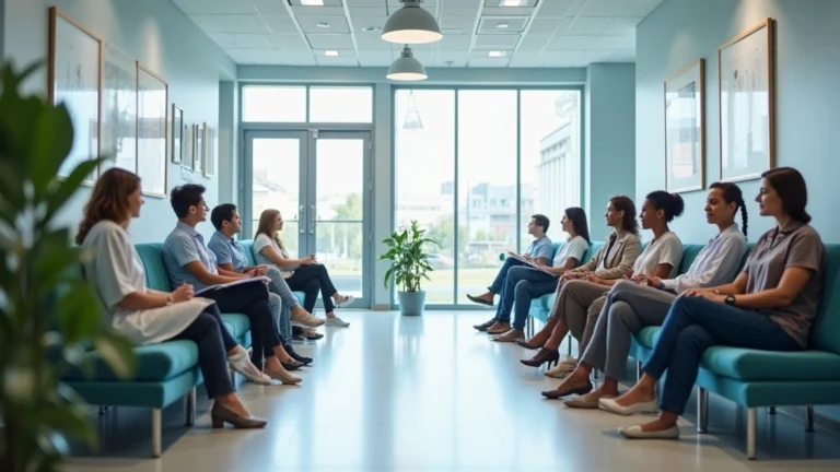 Professional medical clinic reception area with diverse patients waiting, modern healthcare facility interior with comfortable seating, bright lighting, welcoming atmosphere