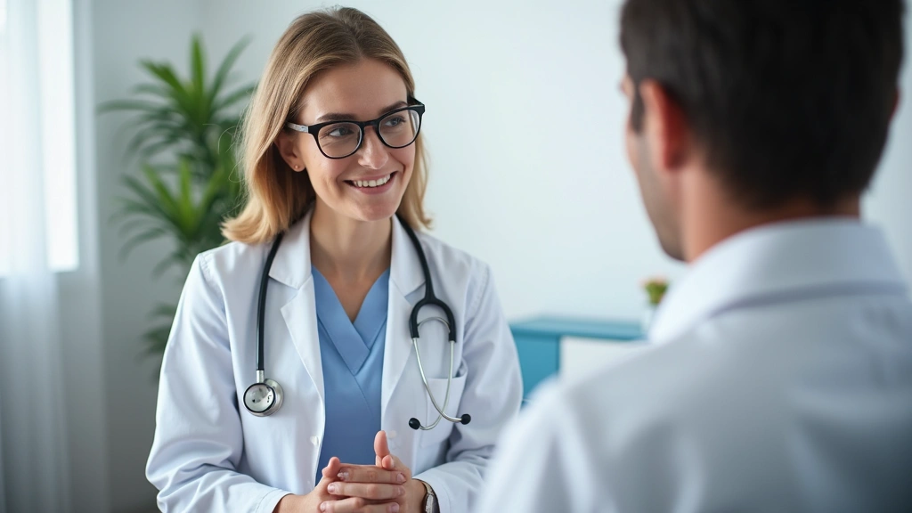 Female healthcare provider in white coat conducting patient consultation in examination room, stethoscope visible, profession