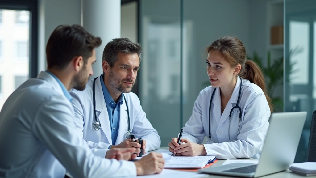 Healthcare team in modern clinic discussing patient records at desk, diverse medical professionals collaborating, contemporar
