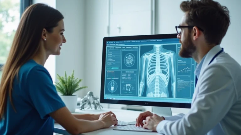 Medical professional conducting patient consultation in modern healthcare clinic with digital health records visible on computer screen