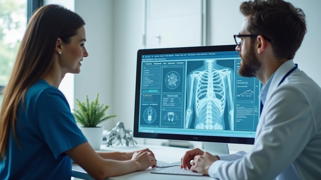 Medical professional conducting patient consultation in modern healthcare clinic with digital health records visible on computer screen