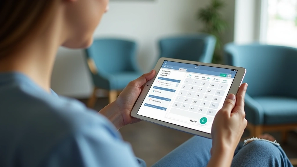 Patient scheduling appointment through healthcare centers online portal on tablet in comfortable waiting room
