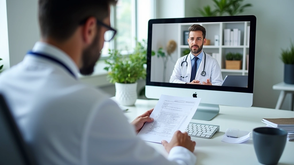 Doctor reviewing patient chart during virtual telehealth appointment with professional medical office background
