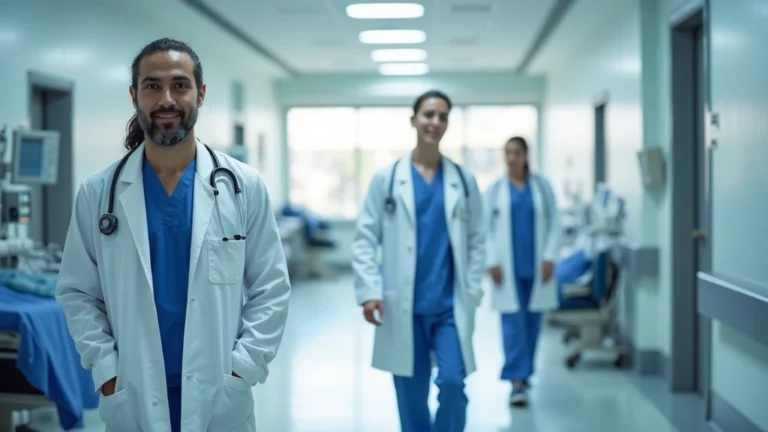 Professional medical team in modern hospital corridor wearing scrubs and white coats, bright clean clinical environment with contemporary medical equipment visible