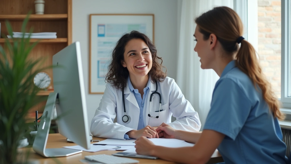 Patient consultation room with doctor and patient discussing medical records at desk, warm professional healthcare setting wi