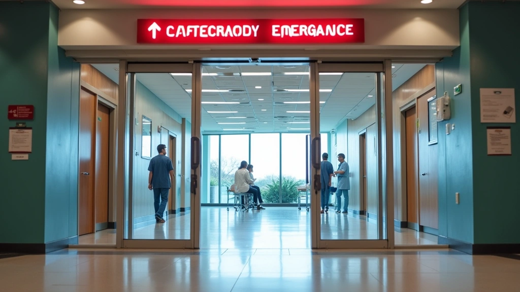 Hospital emergency department entrance with automatic doors, medical staff moving through hallway, modern healthcare facility