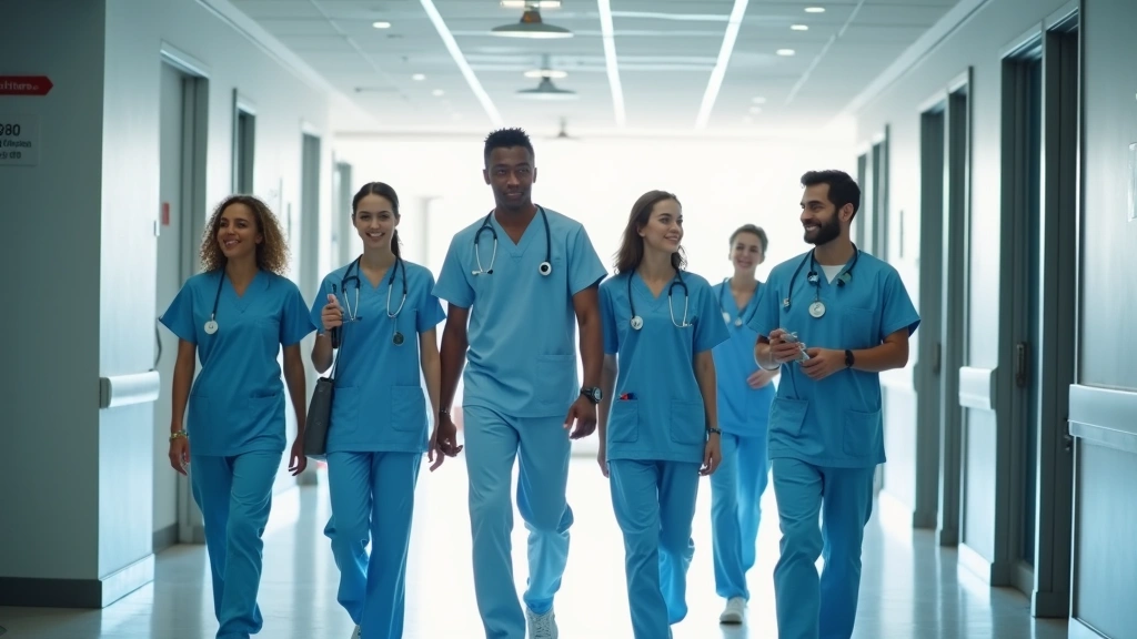 Professional healthcare workers in modern hospital corridor, diverse medical staff walking together, clinical environment with natural lighting, teamwork atmosphere
