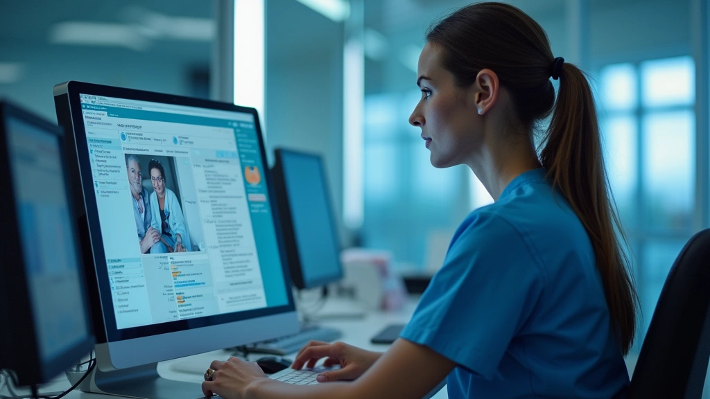 Nurse at computer workstation in hospital, reviewing patient records on digital display, modern healthcare IT environment, pr