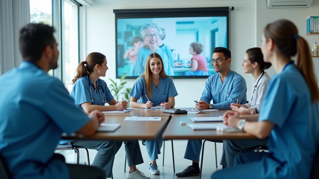 Group of healthcare professionals in hospital meeting room, collaborative discussion, diverse team, modern conference space w