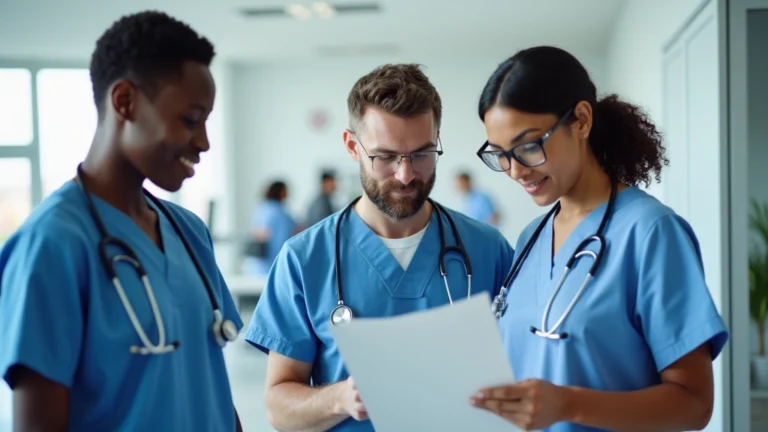 Professional healthcare team in modern medical facility reviewing patient charts and collaborating, diverse staff in scrubs and professional attire, clinical setting with medical equipment