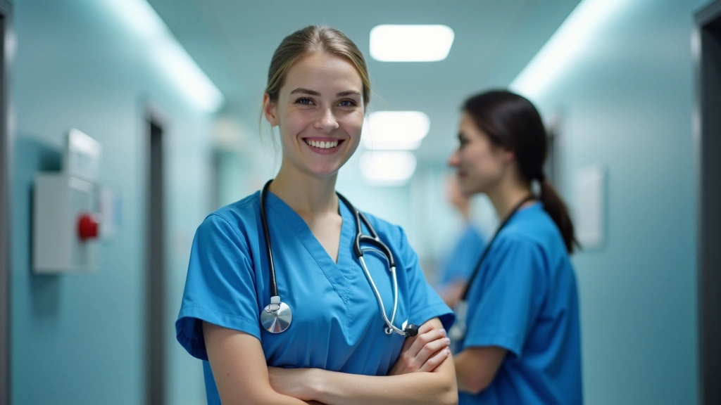 Female nurse in blue scrubs smiling at workstation in hospital hallway, modern healthcare facility interior, professional med
