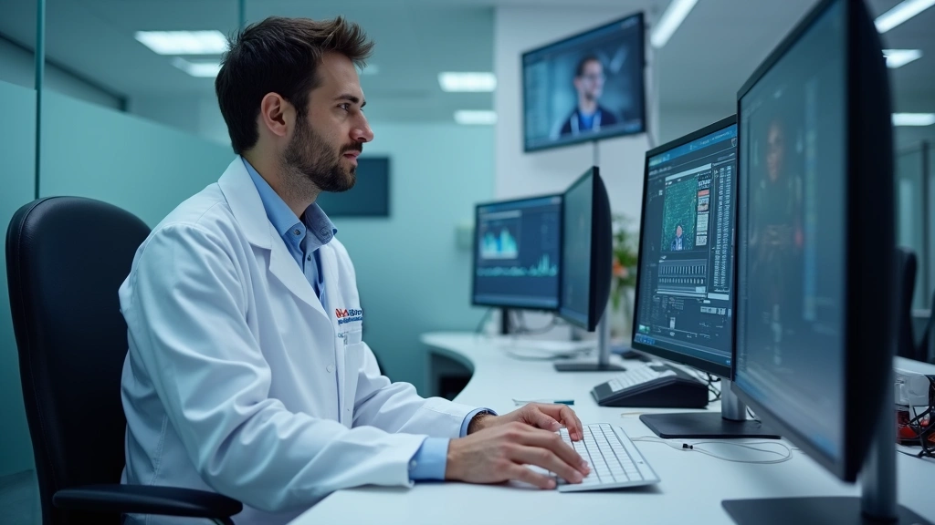 Male healthcare professional in white coat working at computer in medical office, modern healthcare technology, professional