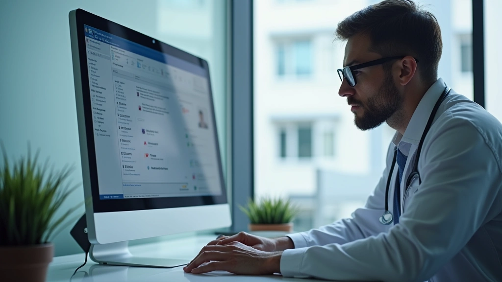 Healthcare professional using computer to access patient portal with medical records displayed on screen in modern clinic off