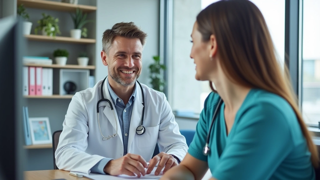 Doctor and patient having secure video consultation through telehealth platform in professional medical office environment