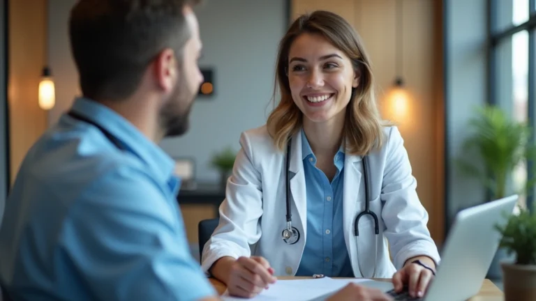 Medical professional consulting with young college student in modern clinic office, warm lighting, diverse healthcare setting, stethoscope visible