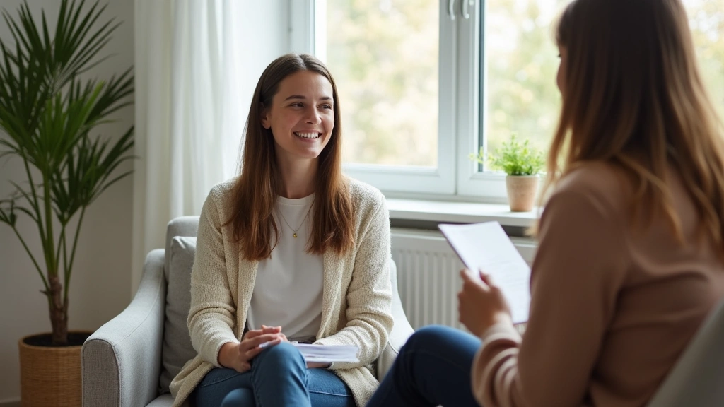 Student sitting in counseling session with therapist in comfortable wellness center, natural light, supportive environment, p