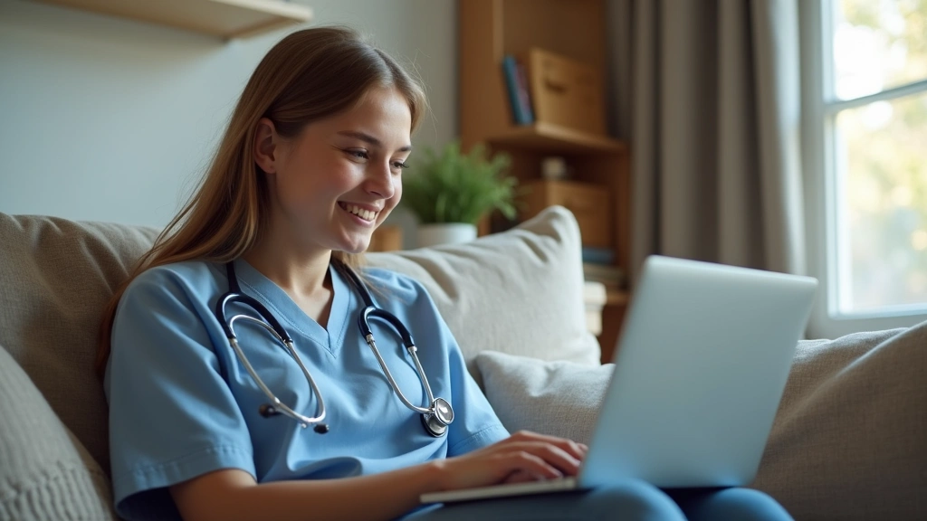 Young adult accessing healthcare via laptop at home, telemedicine appointment, relaxed home environment, modern technology in