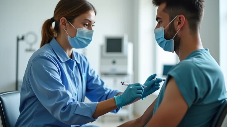 Professional healthcare worker administering vaccine injection to adult patient in modern clinic setting with medical equipment visible in background