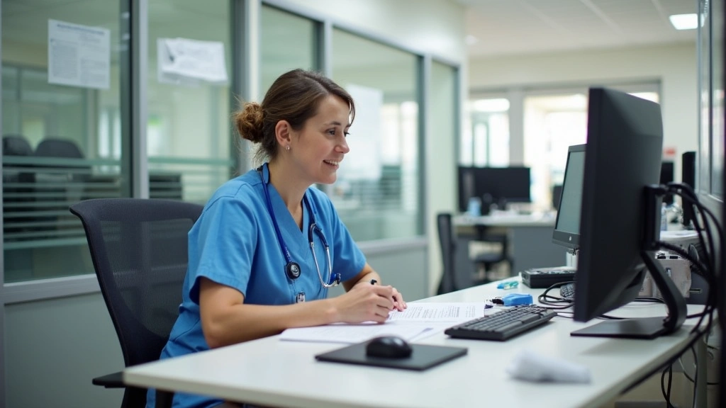 Public health nurse reviewing immunization records and documentation at desk with computer in professional health department