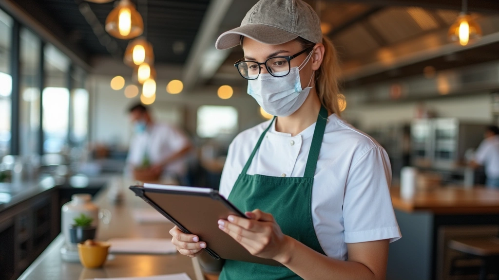 Environmental health inspector conducting food safety inspection in commercial restaurant kitchen with clipboard and protecti